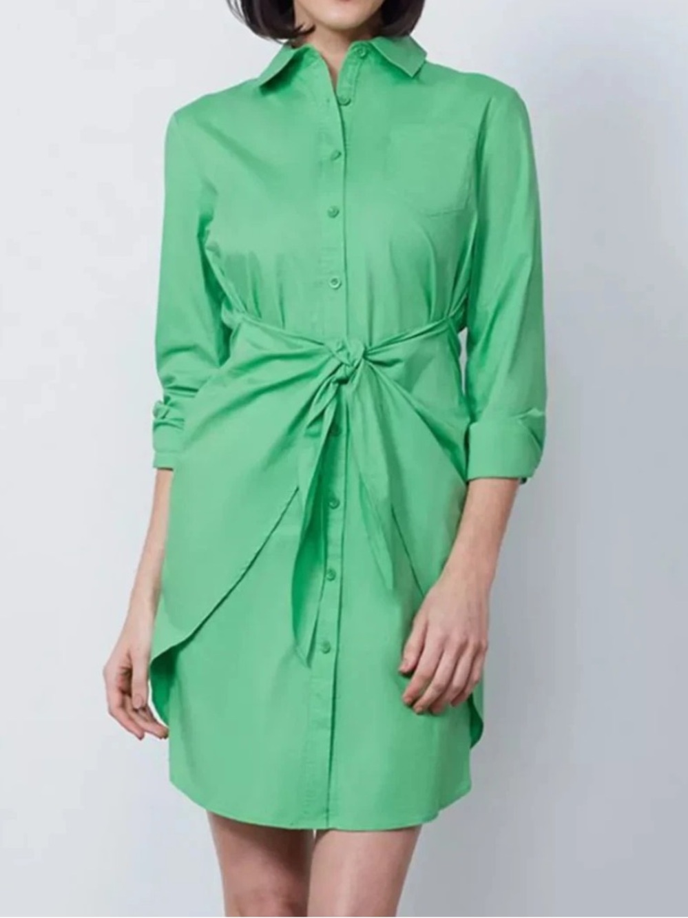 $375 ETCETERA BOXWOOD Stretch Cotton Roll Tab Sleeves Tie-Front Shirt Dress 2/4